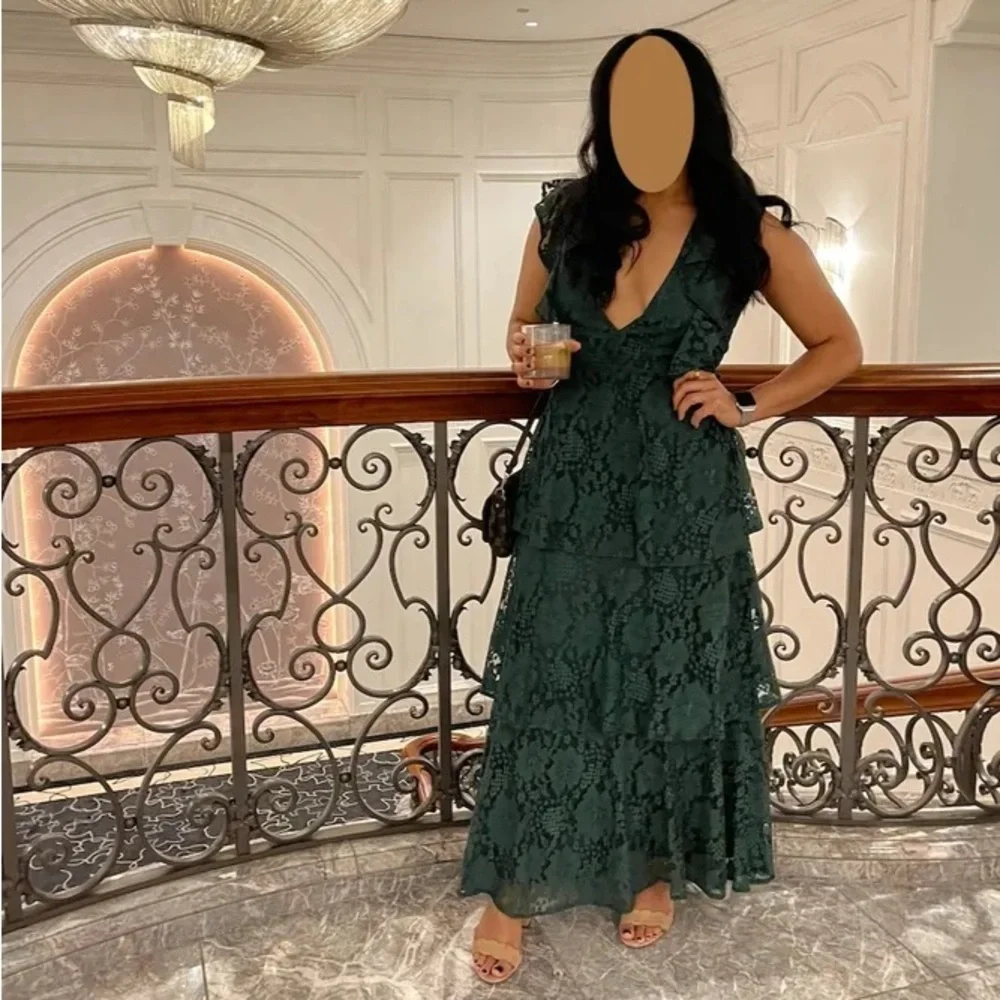 Molinetto Forest Green Lace Ruffled Tiered Sleeveless Maxi Dress_6